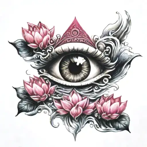 Pink Lotus Merged With Third Eye And Sea Waves Flowing
