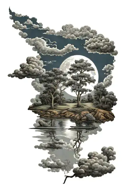 River Trees Moon Clouds Surrounding