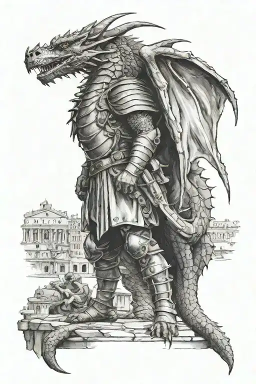 Dragon Watching A Rome Soldier Standing