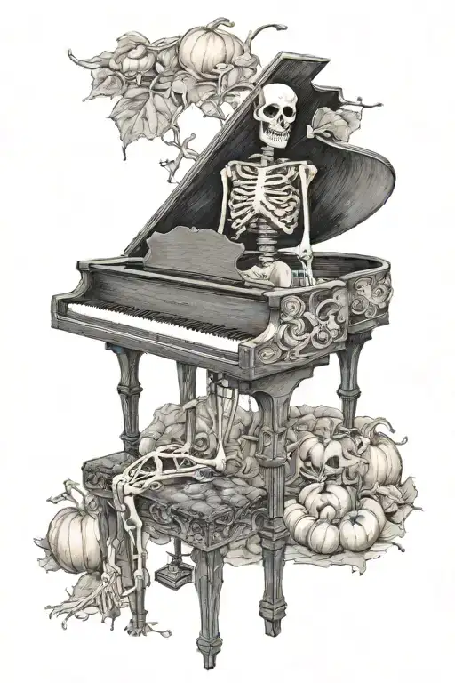 Skeleton Playing A Pumpkin Grand Piano In A Cob Webbed Room