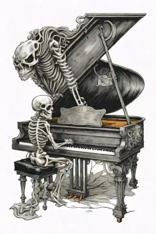 Skeleton Playing A Grand Piano In A Cob Webbed Theater