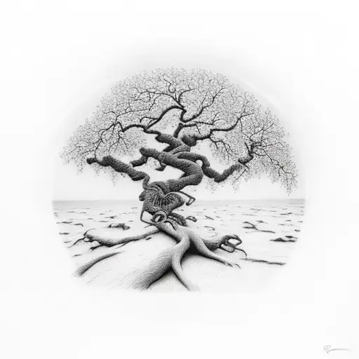 Oak Tree With Two Sparrows Flying Above It