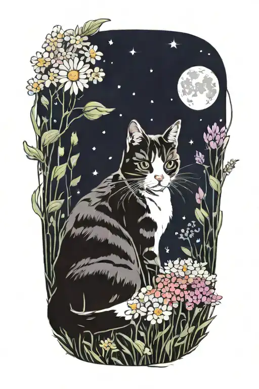 A Cat Exploring A Field Of Colorful Flowers Under A Starry Sky