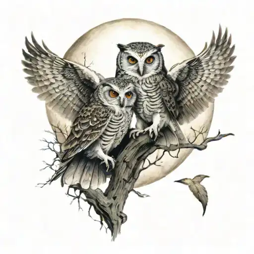 Wooded Scene With Baby Owls Flying Towards Moon