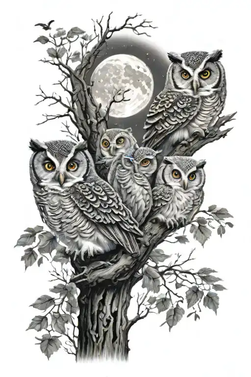 Scene In The Middle Of The Woods With Baby Owls Flying Towards The Moon