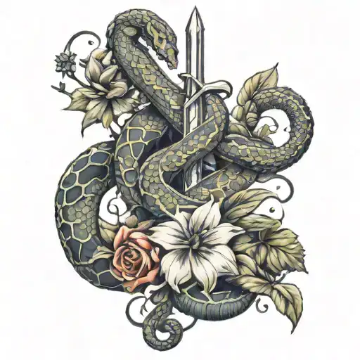 Snake Wrapped Around Sword With Vines And Flowers Intertwined