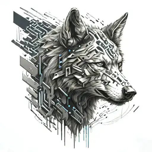A Futuristic Cyberpunk Wolf With Binary Code Running Through Its Fur
