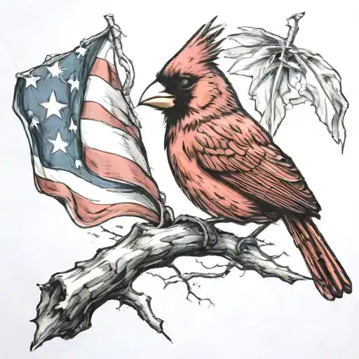 Fighting Cardinal With Scars With American Flag Flying In The Background