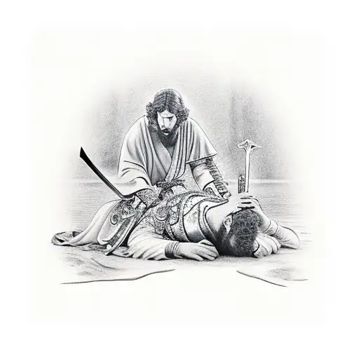 Prince Jonathan Kneeling And Giving King David His Sword