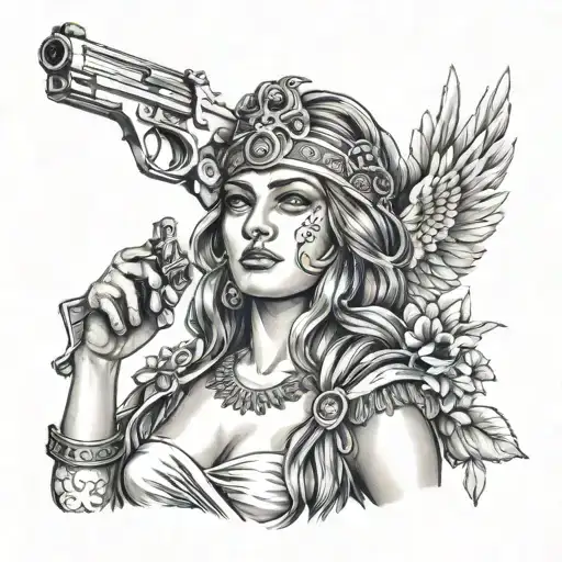 Justitia Goddess With A Bandana Wrapped Her Eyes Holding A Lybra And A Gun