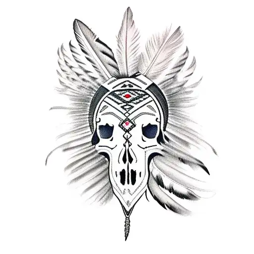 Native American Bull Skull With Feathers