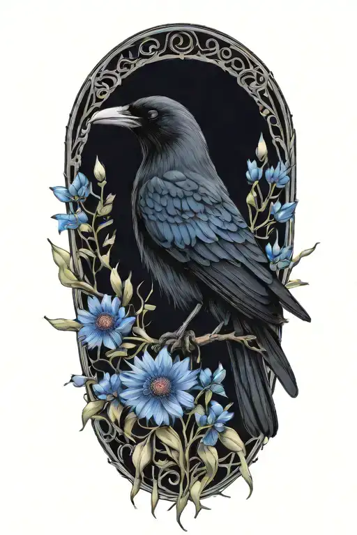 A Neotraditional Design Of A Black Crow Perched On A Branch Surrounded By Blue Cornflowers