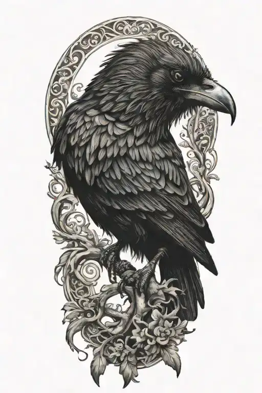 A Majestic Black Crow Perched On A Twisted Branch With Intricate Details In Its Feathers