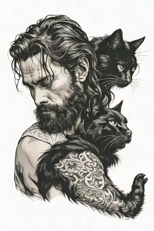 Man With Black Hair And Beard Hugs A Long-haired Black Cat