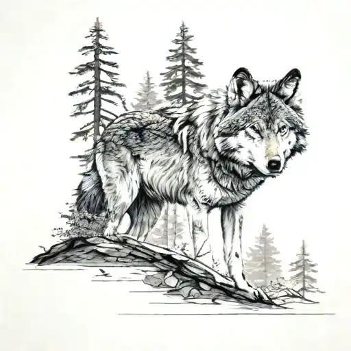 Trees In Back Ground Wolf In Front View