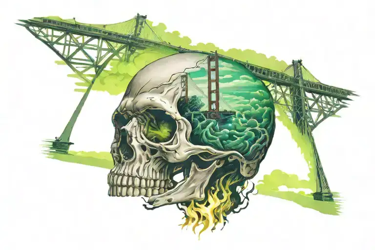 Skull On Green Fire In The Sky Behind Golden Gate Bridge