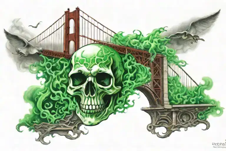 Green Flames Surrounding Ghost Skull Above Golden Gate Bridge