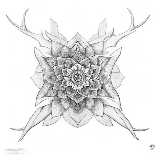 Elk Antler Growing From Mandala And Lotus Flower