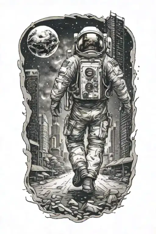 Astronaut Cowboy Walking Towards An Abandoned Metropolis With Crumbling Skyscrapers Under Cosmic Sky