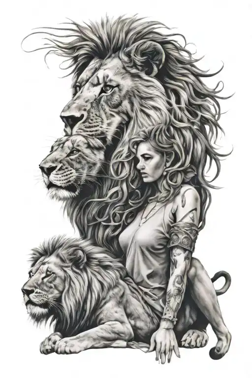 Lion With Woman Realistic With Ormaments