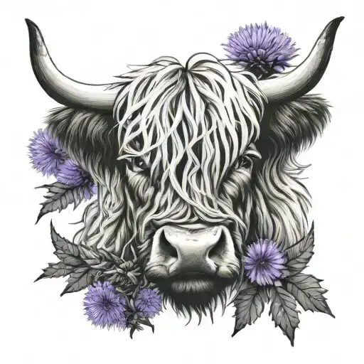 Highland Cow Face With Thistle
