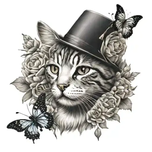 Cat Portrait Surrounded With Carnations And A Butterfly On His Head