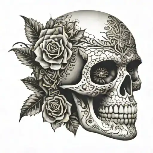 Photo Realistic Mosaic Sugar Skull Facing Slightly To The Right