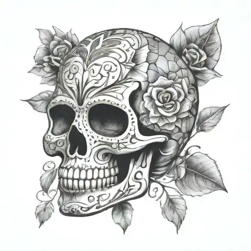 Photo Realistic Mosaic Sugar Skull Facing Slightly To The Right
