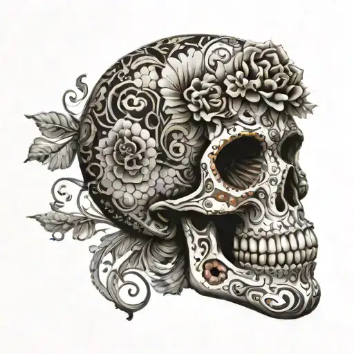 Photo Realistic Mosaic Sugar Skull Facing Slightly To The Right