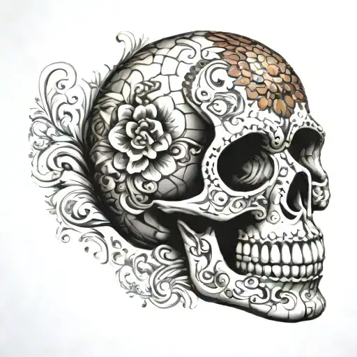 Photo Realistic Mosaic Sugar Skull Facing Slightly To The Right