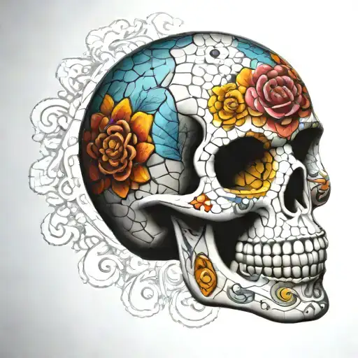 Photo Realistic Mosaic Sugar Skull Facing Slightly To The Right
