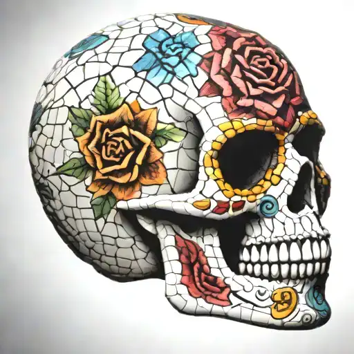 Photo Realistic Mosaic Sugar Skull Facing Slightly To The Right