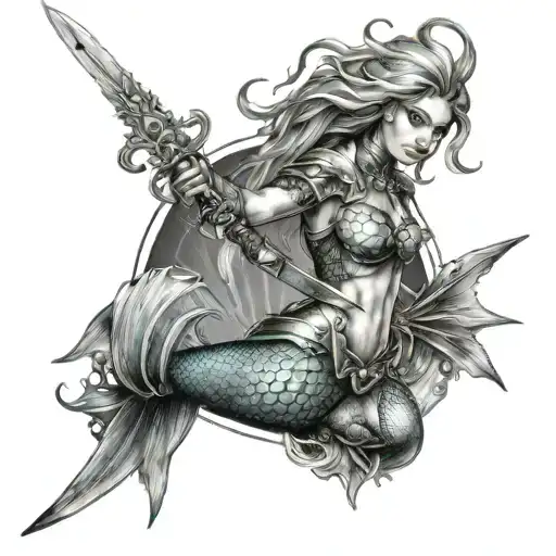 Mermaid Wearing Armor Holding A Sword