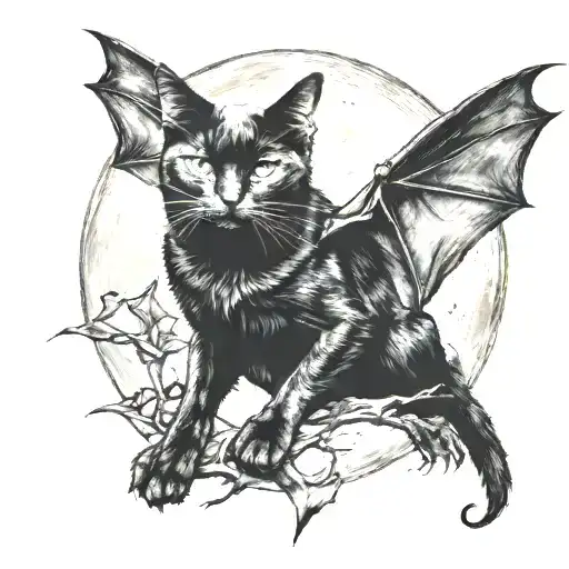 Black Cat On Full Moon With Bat Wings