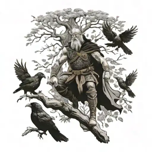 Viking Warrior With Ravens Flying Around A Tree