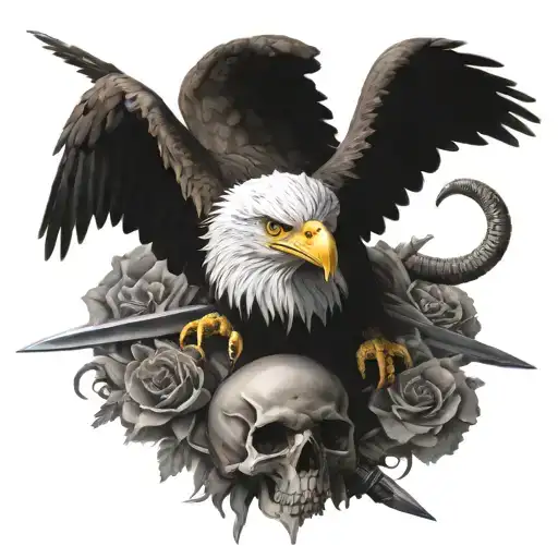 Bald Eagle Sitting On Top Of A Skull On Top Of A Sword Stabbing A Butterfly And Fish