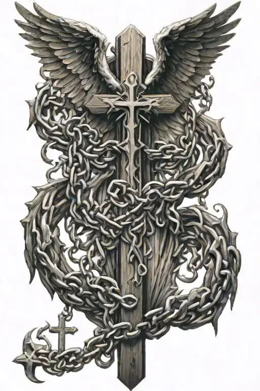 A Demonic And An Angelic Wing Attached To A Wooden Cross By Chains Tattoo