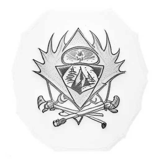 A Traditional Tattoo Of A Boy Scout Emblem With Canadian Wildlife And A Camping Tent
