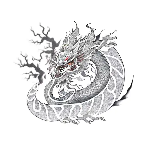 Chinese Dragon Intertwined Around A Crescent Moon And Orchid Flowers Tattoo