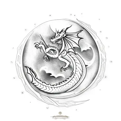 Dragon Intertwined Around A Crescent Moon And Orchid Flowers