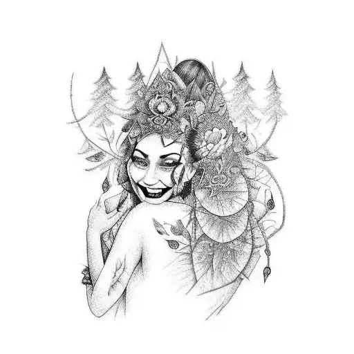 Laughing Woman In The Woods With Blue Lotus In Hair