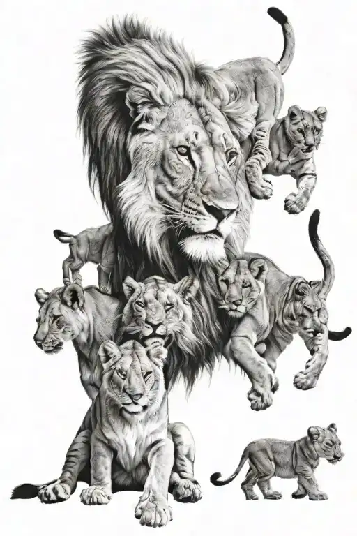 Lion With Lioness And Four Cubs Playing