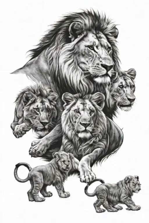 Lion With Lioness And Four Cubs Playing