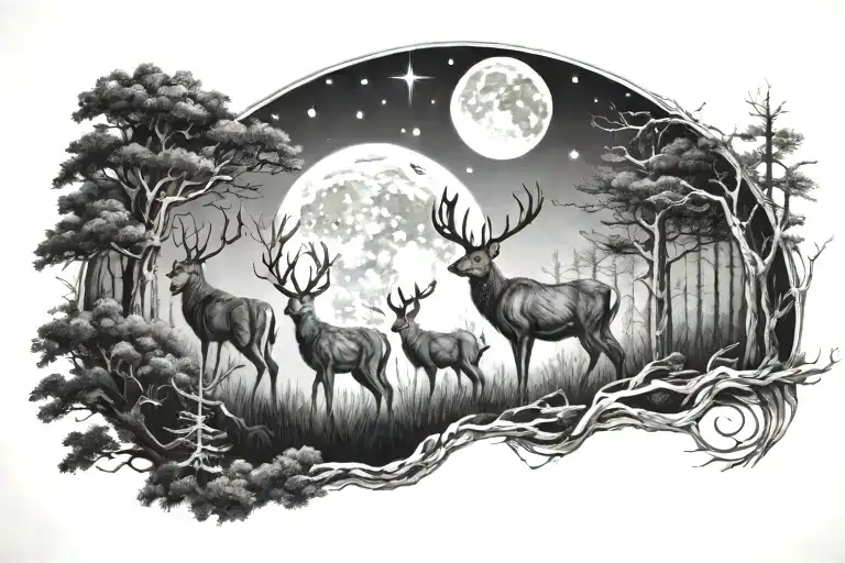 Open Forest Deer Family Moon Background Black