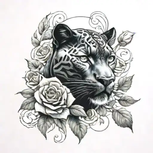 Black Panther And Roses Intertwined