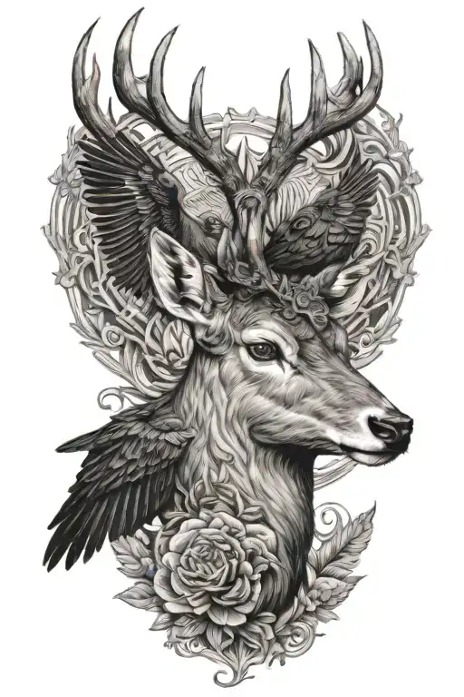 Tattoo For The Calf A Big Deer With The Raven Munin And Huguin Black And White Male