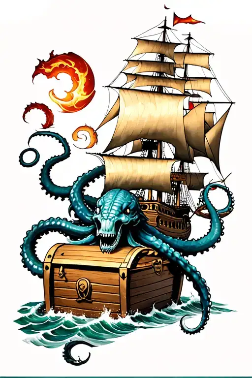 Kraken Guarding Treasure Chest With Pirate Ship Sailing Above