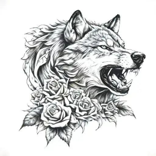 Growling Wolf Surrounded With Roses