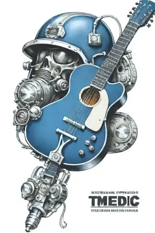 Dark Blue Accoustic Guitar With Medic Helmet Hanging From The Tuners