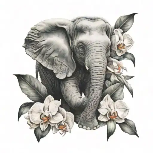Baby Elephant Surrounded By Orchid Flowers